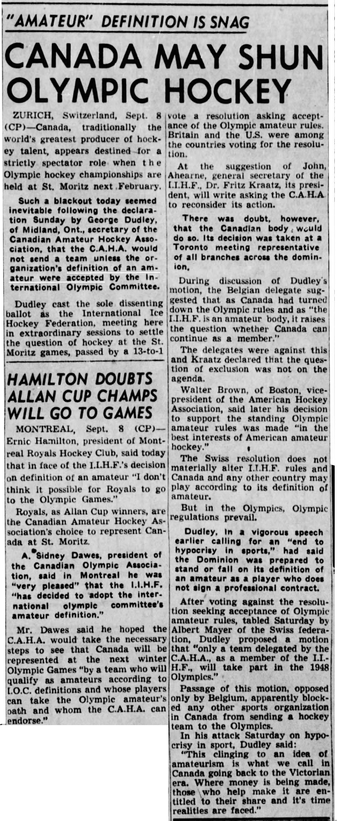Image: Winnipeg Tribune Sept 8 1947 Canada May Shun Olympic Hockey